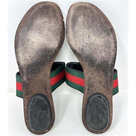 Gucci Web Horsebit Black Leather Thong Sandals Green‑Red Strap 38.5 EU - Picture 8 of 10